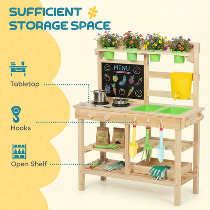 Kids Mud Kitchen, Outdoor Wooden Play Kitchen with Kitchenware & Garden Tools, P