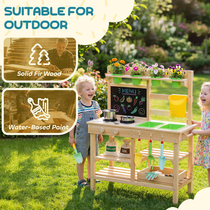 Kids Mud Kitchen, Outdoor Wooden Play Kitchen with Kitchenware & Garden Tools, P