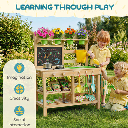 Kids Mud Kitchen, Outdoor Wooden Play Kitchen with Kitchenware & Garden Tools, P