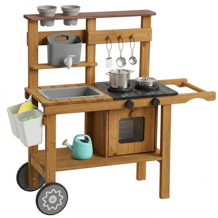 Wooden Mud Kitchen with Wheels, Stove, Faucet, Flower Pots, Stainless Steel Acce