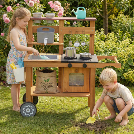 Wooden Mud Kitchen with Wheels, Stove, Faucet, Flower Pots, Stainless Steel Acce