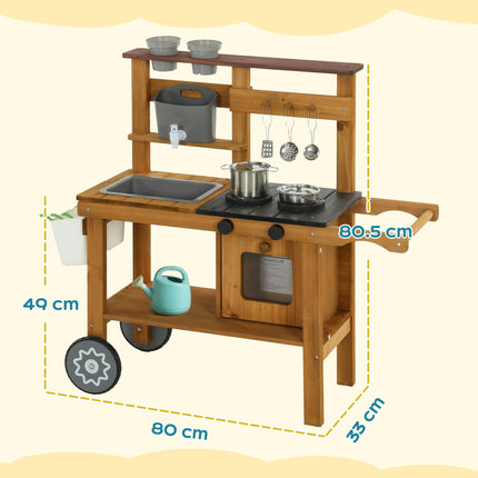 Wooden Mud Kitchen with Wheels, Stove, Faucet, Flower Pots, Stainless Steel Acce