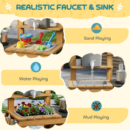 Wooden Mud Kitchen with Wheels, Stove, Faucet, Flower Pots, Stainless Steel Acce