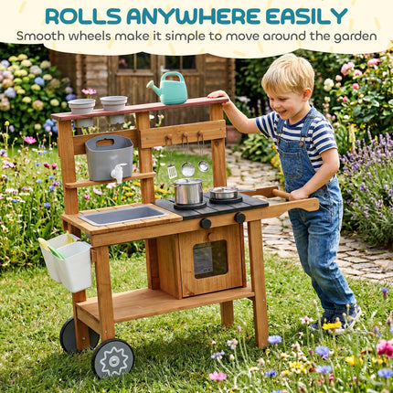 Wooden Mud Kitchen with Wheels, Stove, Faucet, Flower Pots, Stainless Steel Acce