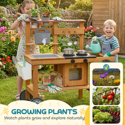 Wooden Mud Kitchen with Wheels, Stove, Faucet, Flower Pots, Stainless Steel Acce