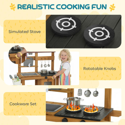 Wooden Mud Kitchen with Wheels, Stove, Faucet, Flower Pots, Stainless Steel Acce
