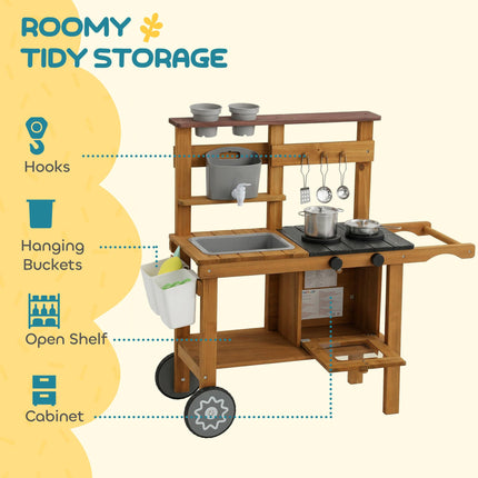 Wooden Mud Kitchen with Wheels, Stove, Faucet, Flower Pots, Stainless Steel Acce