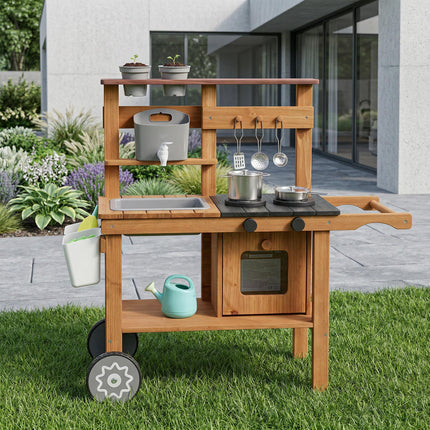 Wooden Mud Kitchen with Wheels, Stove, Faucet, Flower Pots, Stainless Steel Acce