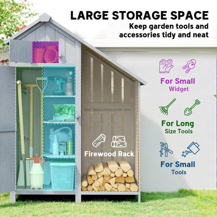Garden Outdoor Storage Shed 3 Shelves Tilt Roof w/ Firewood Rack Log Carrier, 129L x 51.5W x 180H cm