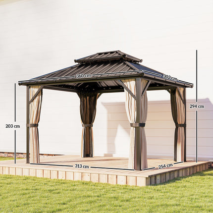 3x3 m Hardtop Gazebo Canopy with UPF50+ Double Galvanised Steel Roof, Aluminium Garden Gazebo Permanent Pavilion, Brown