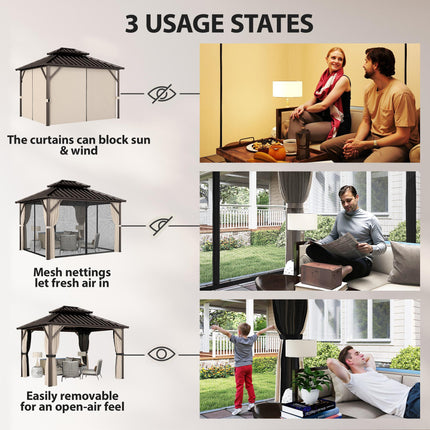 3x3 m Hardtop Gazebo Canopy with UPF50+ Double Galvanised Steel Roof, Aluminium Garden Gazebo Permanent Pavilion, Brown