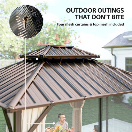 3x3 m Hardtop Gazebo Canopy with UPF50+ Double Galvanised Steel Roof, Aluminium Garden Gazebo Permanent Pavilion, Brown
