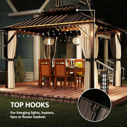 3x3 m Hardtop Gazebo Canopy with UPF50+ Double Galvanised Steel Roof, Aluminium Garden Gazebo Permanent Pavilion, Brown