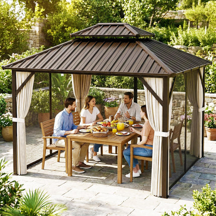 3x3 m Hardtop Gazebo Canopy with UPF50+ Double Galvanised Steel Roof, Aluminium Garden Gazebo Permanent Pavilion, Brown