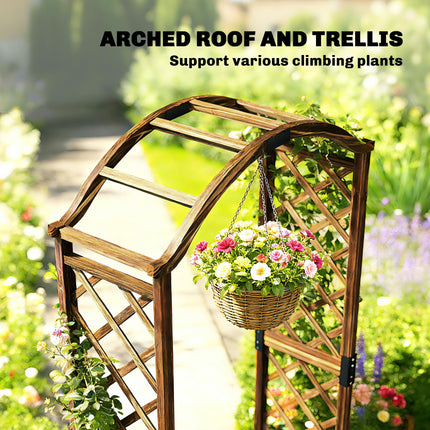 Wooden Garden Arch with 2 Planter Boxes, Outdoor Rose Arch Trellis for Climbing Vines, Carbonised