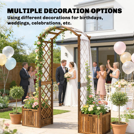 Wooden Garden Arch with 2 Planter Boxes, Outdoor Rose Arch Trellis for Climbing Vines, Carbonised