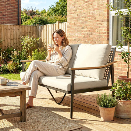 2 Seater Rattan Sofa, Outdoor Garden Sofa with Wood-Effect Armrests, Cushions for Patio, Balcony, Khaki