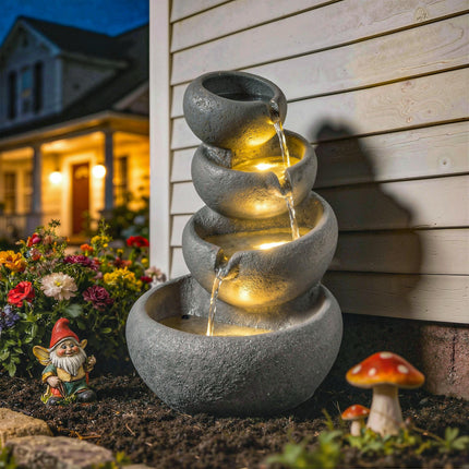 4-Tier Water Fountain Outdoor, Garden Water Feature with LED Lights and Pump, Freestanding Resin Waterfall for Patio