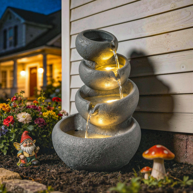 4-Tier Water Fountain Outdoor, Garden Water Feature with LED Lights and Pump, Freestanding Resin Waterfall for Patio