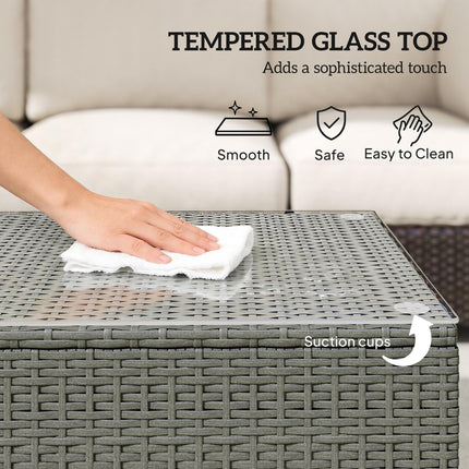 Rattan Garden Coffee Table with Glass Top, Light Grey