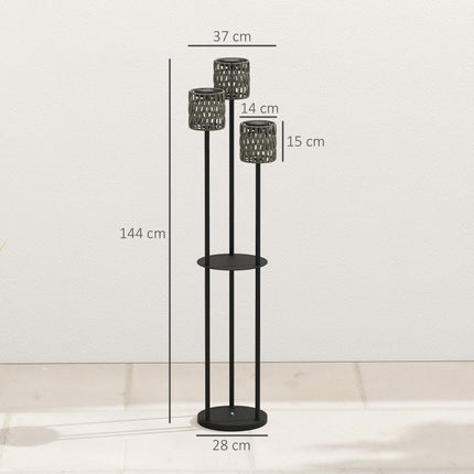 Boho Rattan Floor Lamp, 3-Lights Rattan Lamp with Shelf, Freestanding Solar Garden Light with Auto On/Off Lights, Grey