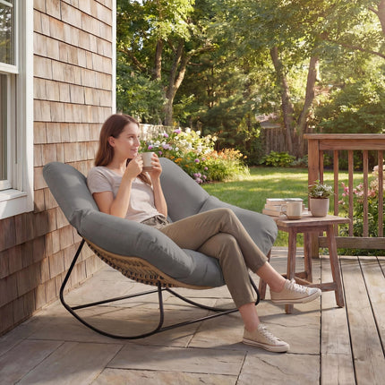 Indoor Outdoor Rocking Chair, Oversized Rocking Egg Chair with Cushion for Livin