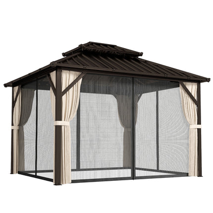 3x3.6 m Hardtop Gazebo Canopy with UPF50+ Double Galvanised Steel Roof, Aluminium Garden Gazebo Permanent Pavilion, Brown