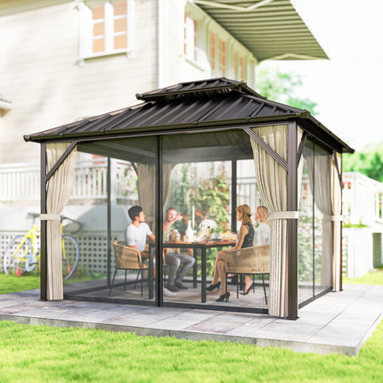 3x3.6 m Hardtop Gazebo Canopy with UPF50+ Double Galvanised Steel Roof, Aluminium Garden Gazebo Permanent Pavilion, Brown
