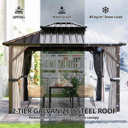 3x3.6 m Hardtop Gazebo Canopy with UPF50+ Double Galvanised Steel Roof, Aluminium Garden Gazebo Permanent Pavilion, Brown