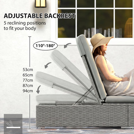 Rattan Sun Lounger, Five-Position Reclining Garden Lounger Bed with Cushion, Light Grey