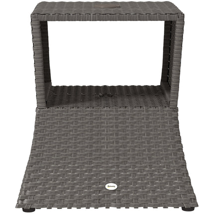 Rattan Outdoor Coffee Table, Wicker Garden Patio Bistro Side Table with Umbrella Hole and Storage Space, Dark Grey