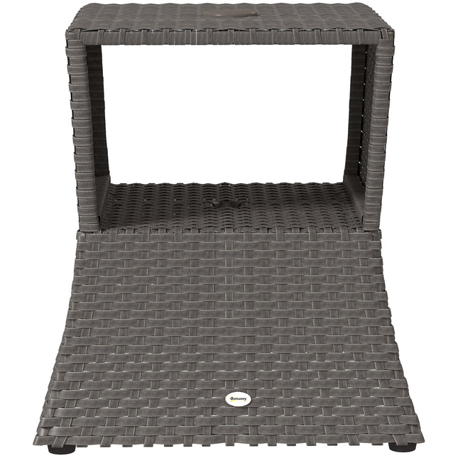 Rattan Outdoor Coffee Table, Wicker Garden Patio Bistro Side Table with Umbrella Hole and Storage Space, Dark Grey