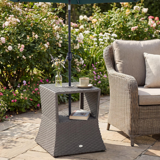 Rattan Outdoor Coffee Table, Wicker Garden Patio Bistro Side Table with Umbrella Hole and Storage Space, Dark Grey