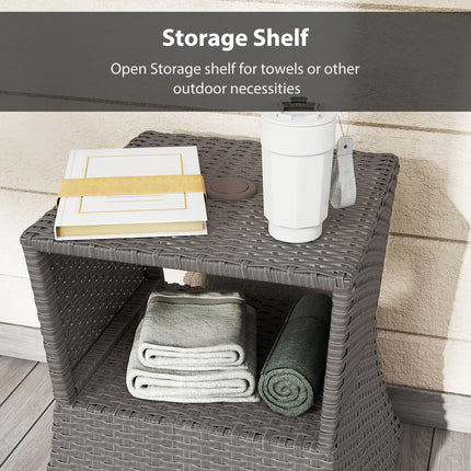 Rattan Outdoor Coffee Table, Wicker Garden Patio Bistro Side Table with Umbrella Hole and Storage Space, Dark Grey