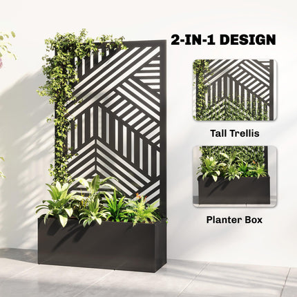 Metal Garden Bed for Garden with Trellis, Raised Garden Bed with Privacy Screen, Geometric Slatted Cut-Out