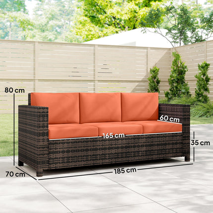3 Seater Rattan Sofa All-Weather Wicker Weave Metal Frame Chair with Fire Resistant Cushio-Orange
