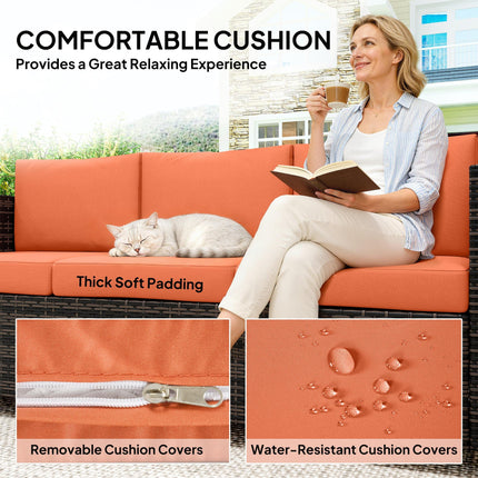 3 Seater Rattan Sofa All-Weather Wicker Weave Metal Frame Chair with Fire Resistant Cushio-Orange