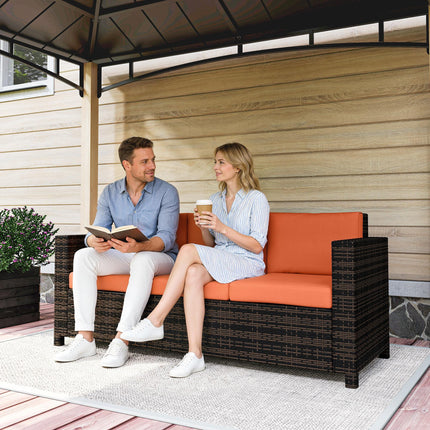 3 Seater Rattan Sofa All-Weather Wicker Weave Metal Frame Chair with Fire Resistant Cushio-Orange