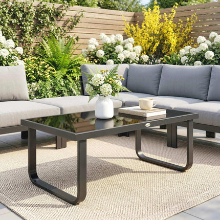 Outdoor Garden Coffee Table, Rectangle Metal Side Table with Tempered Glass Tabl