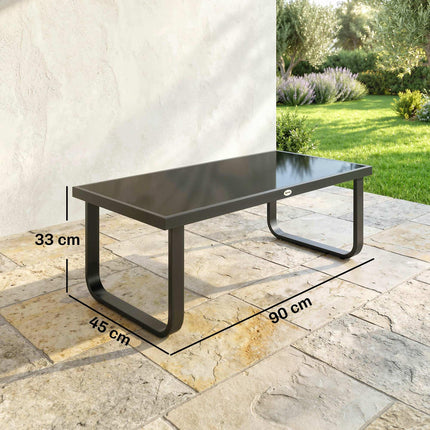 Outdoor Garden Coffee Table, Rectangle Metal Side Table with Tempered Glass Tabl