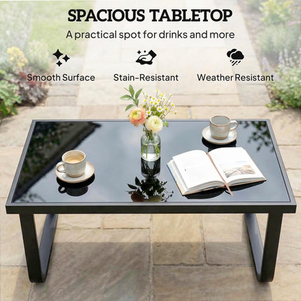 Outdoor Garden Coffee Table, Rectangle Metal Side Table with Tempered Glass Tabl