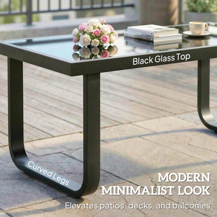 Outdoor Garden Coffee Table, Rectangle Metal Side Table with Tempered Glass Tabl