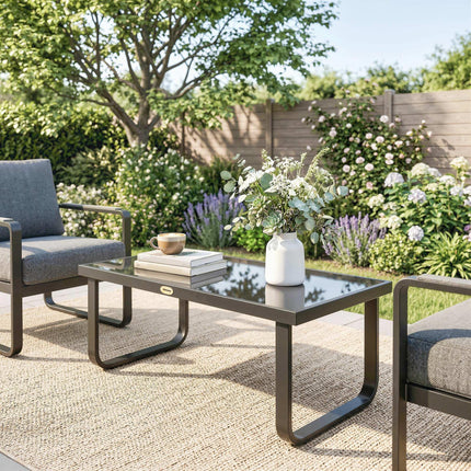 Outdoor Garden Coffee Table, Rectangle Metal Side Table with Tempered Glass Tabl