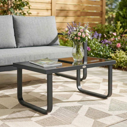 Outdoor Garden Coffee Table, Rectangle Metal Side Table with Tempered Glass Tabl
