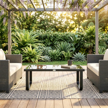 Outdoor Garden Coffee Table, Rectangle Metal Side Table with Tempered Glass Tabl