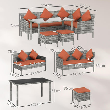 6-Seater Rattan Dining Set Sofa Table Footstool Outdoor w/ Cushion Garden Furniture, Orange