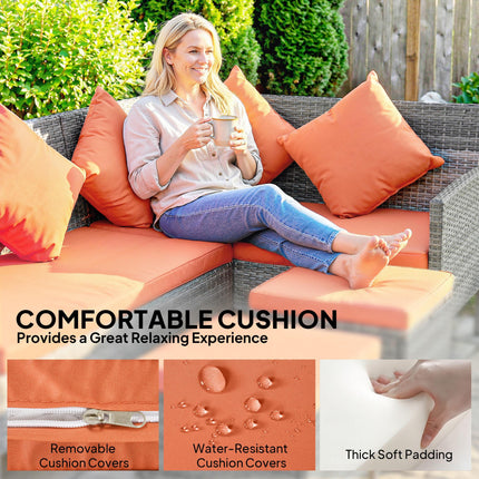 6-Seater Rattan Dining Set Sofa Table Footstool Outdoor w/ Cushion Garden Furniture, Orange