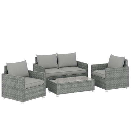 4 Piece Rattan Garden Furniture Set with Loveseat, 2 Armchairs, Glass-Top Table, Wicker Patio Conversation Set, Grey