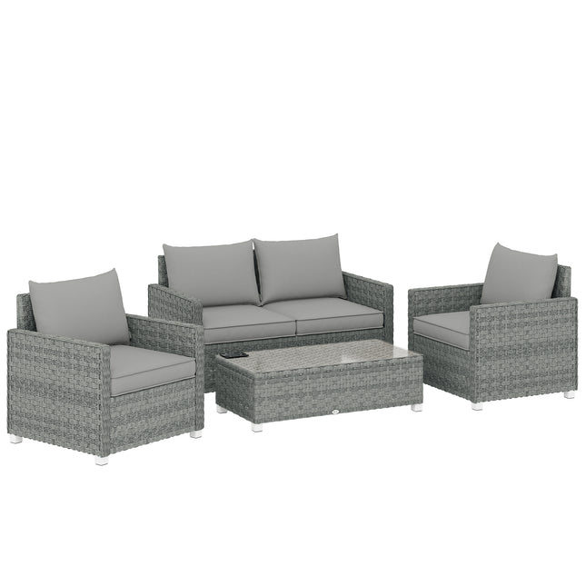 4 Piece Rattan Garden Furniture Set with Loveseat, 2 Armchairs, Glass-Top Table, Wicker Patio Conversation Set, Grey