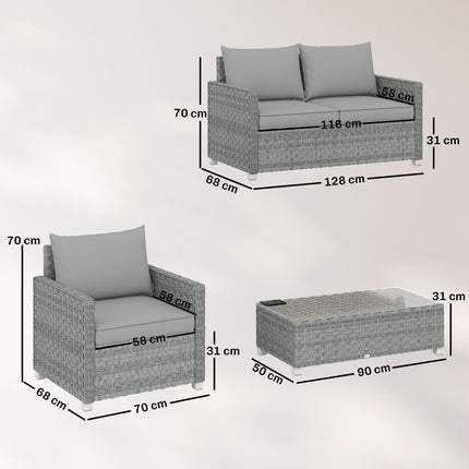 4 Piece Rattan Garden Furniture Set with Loveseat, 2 Armchairs, Glass-Top Table, Wicker Patio Conversation Set, Grey